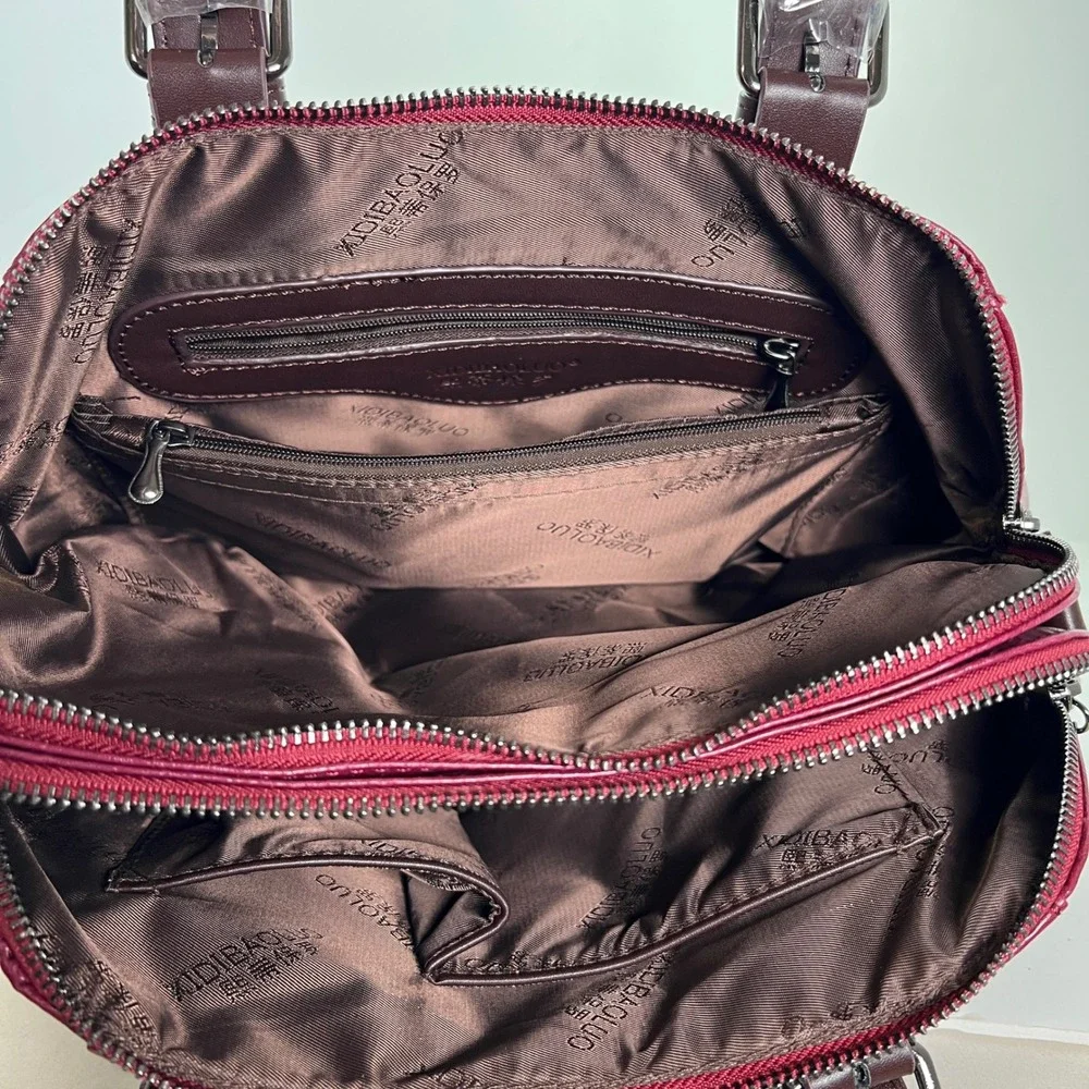 XIDIBAOLUO‎ Burgundy Faux Leather Satchel Handbag with Detachable Strap